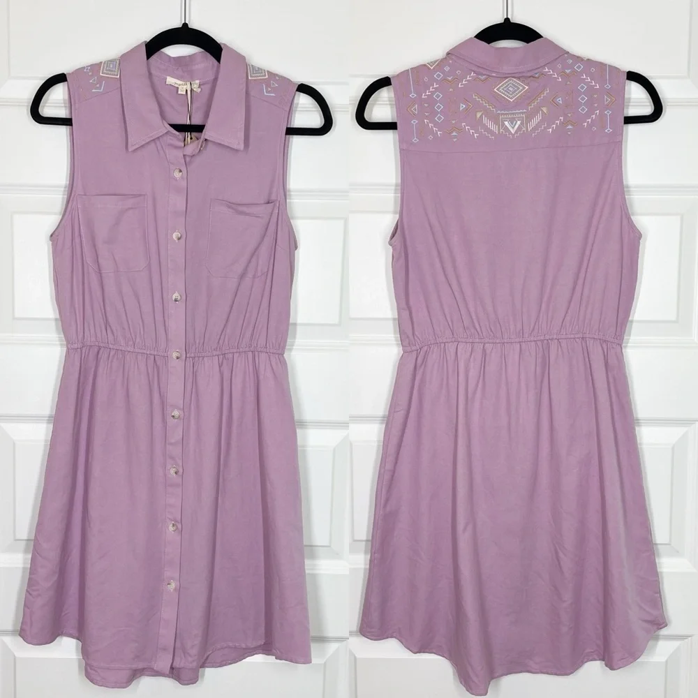 New Boutique Linen Blend Lilc Embroidered Button Down Festival Shirt Dress